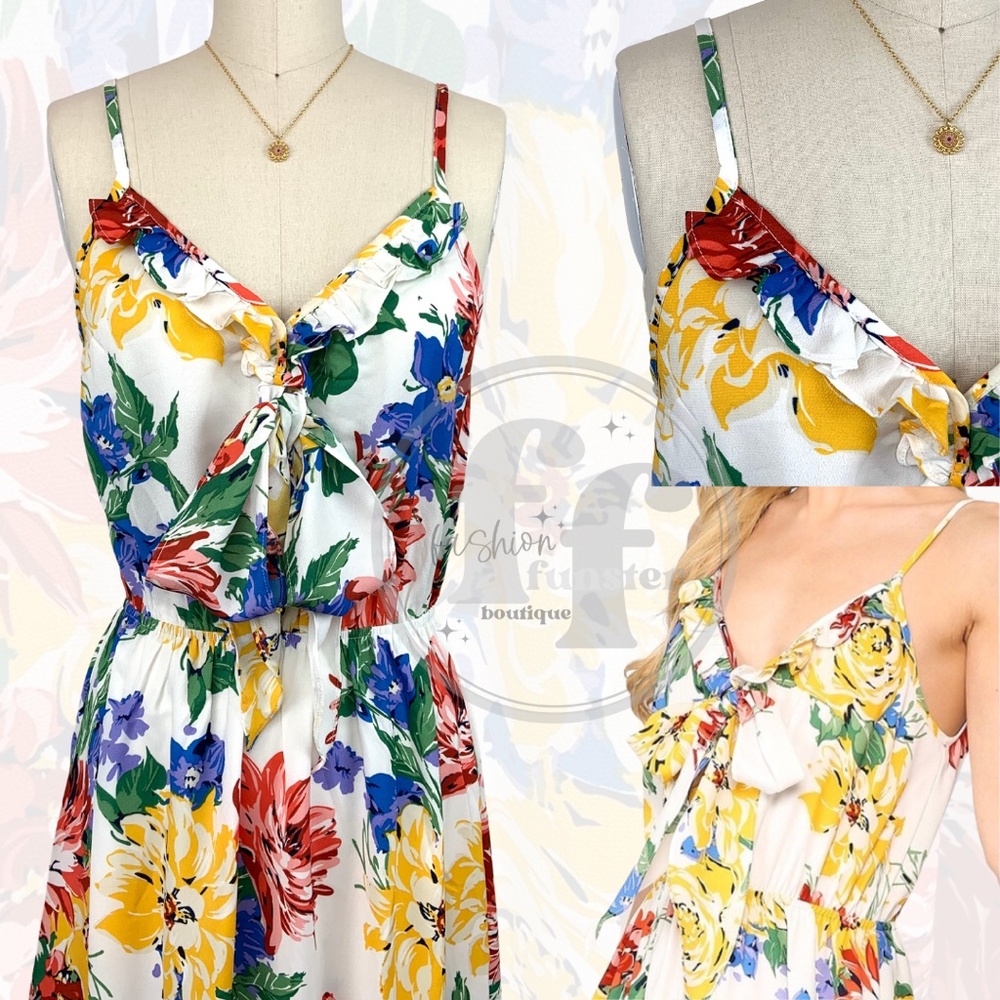 Gigio Rainbow Pop Art Floral Print Ruffle Bow Scarf Bodice High Low Maxi Dress - Picture 6 of 9